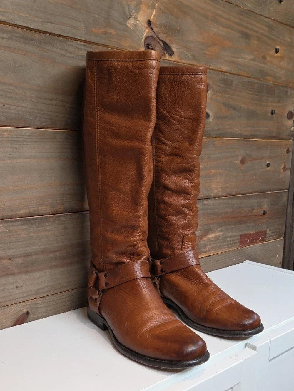 Frye Phillip Harness Tall Cognac Brown Leather Boots